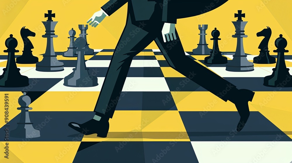 Wall mural strategic businessman on chessboard - flat style illustration of corporate decision-making