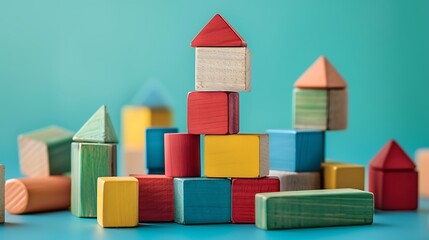 Obraz premium A heap of multicolor wooden blocks in different shapes isolated on colorful background
