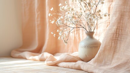 A vase with dried flowers sitting on a light peach linen cloth in front of a peach curtain.