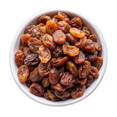 Obraz premium Raisins on white bowl top view isolated on transparent background