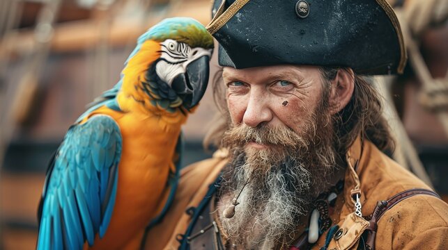 A pirate wearing a hat and looking at the camera, with a blue and yellow macaw parrot on his shoulder.