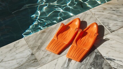 A pair of orange swimming flippers on the marble floor by the pool