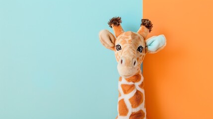 A plush giraffe toy on a light orange and blue background