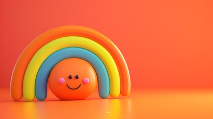 A happy cartoon sun under a rainbow on an orange background.