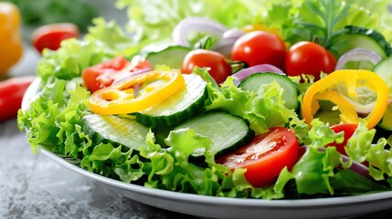 A fresh salad with lettuce, tomato, cucumber, and bell pepper.