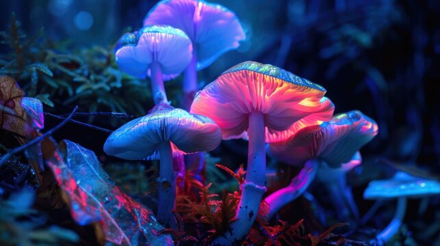 Luminous mushrooms glowing in vibrant neon colors in a dark forest setting. The image showcases the enchanting beauty of bioluminescence in nature.