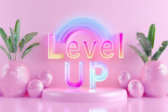 Level Up Concept: Neon Rainbow Sign and Pink Glitter Spheres with Tropical Leaves