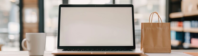 Obraz premium Minimalist workspace with blank laptop screen, coffee cup, and shopping bag on a wooden table in a bright, modern environment.