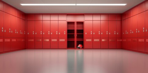 3D render of an American football locker room with red lockers and a helmet inside one door.
