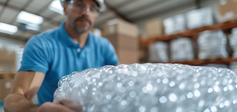 Man in a warehouse holding a roll of bubble wrap. Shelves stocked with boxes are visible in the background.