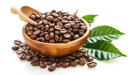 Fototapeta premium Heap of roasted coffee beans in a wooden bowl with a scoop and green leaves, isolated on a clean white background.