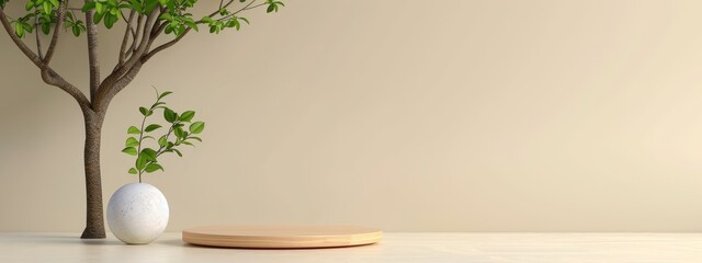 3d render wooden podium with green leaves on beige background for product presentation