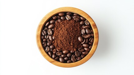 Fototapeta premium Roasted coffee beans and coffee powder in a wooden bowl, top view on a clean white background. Ideal for coffee-related content.