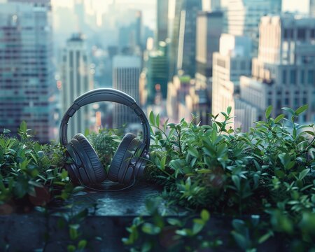 Headphones resting on green foliage on a rooftop with a city skyline in the background. Urban soundscape concept.