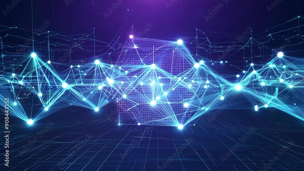 Poster an intricate display of blue lines and nodes creates a digital network visualization, showcasing adv