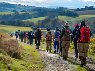 Group of pilgrims walking along the Camino de Santiago, adorned with backpacks and hiking gear.