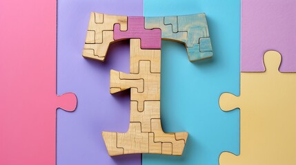 alphabet letter T built of wooden puzzles isolated on colorful background