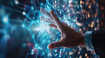 The metaverse universe, concept. Digital neural network.Business man hand touching Introduction of artificial intelligence. Cyberspace of future.Science and innovation of technology.