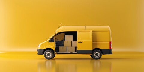 3D rendering of a delivery van with an open door full of cardboard boxes on a yellow background