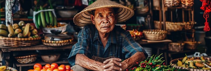 Fototapeta premium Portrait of an Elderly Man in a Straw Hat at a Market Stall - A Realistic Image