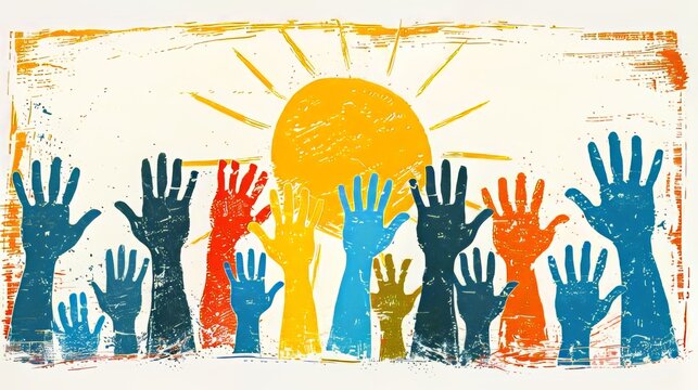 Colorful hand as unity, humanity in differs difference, concept of peace of world, banner world refugee day, banner for unity illustration