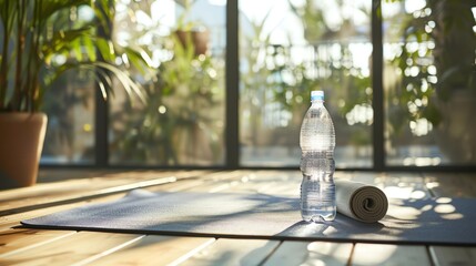 A water bottle and a rolled up yoga mat in a home setting.