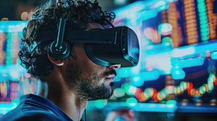 A man wearing a VR headset interacts with virtual financial data, showcasing the integration of virtual reality and financial technology.