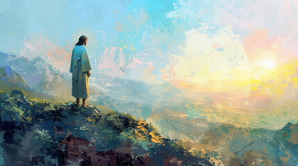 Obraz premium A painting of Jesus Christ, standing on a mountain, looking over a peaceful valley
