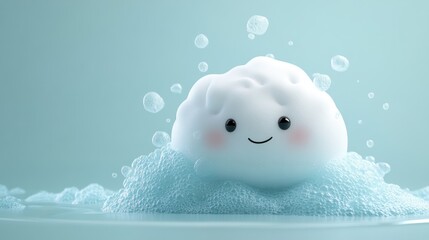 Fototapeta premium An engaging 2D flat illustration featuring a 3D animated cleansing foam character interacting with a skin surface The foam is depicted lifting and absorbing impurities, shown as dark spots, from the