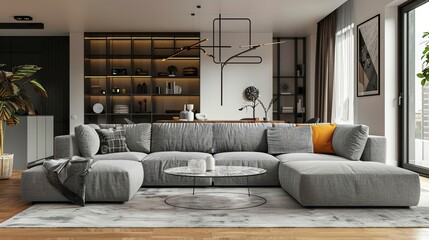 A modern living room with a large gray sectional sofa, black coffee table, and a black bookcase.