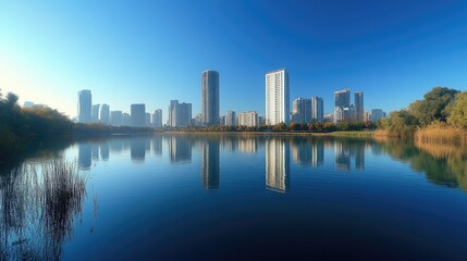 A panoramic view of a modern skyline with high-rise buildings reflecting in a calm river under a clear blue sky, capturing the architectural diversity and urban growth