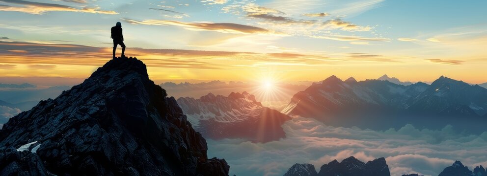 Man he heights of ambition and excellence on the mountain. The spirit of ambition and the journey toward achieving greatness and personal growth.