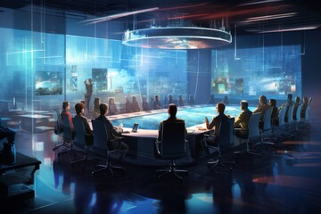 Futuristic Conference Room with Cityscape Screens