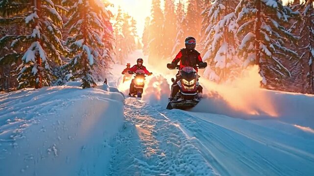 Snowmobiles on a snowy trail, ideal for winter adventure transport backgrounds.