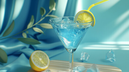 A blue cocktail in a martini glass with a lemon slice on top