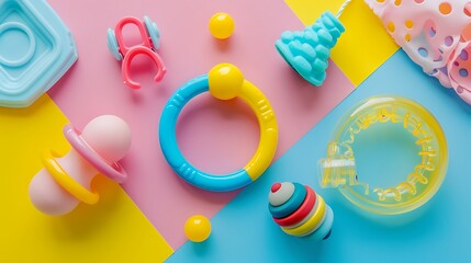 Baby rattles and chewing toy isolated on colorful background