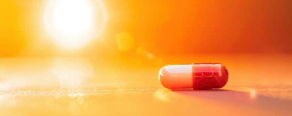 Close-up of a red capsule on a surface with a warm sunset glow, symbolizing health and wellness.