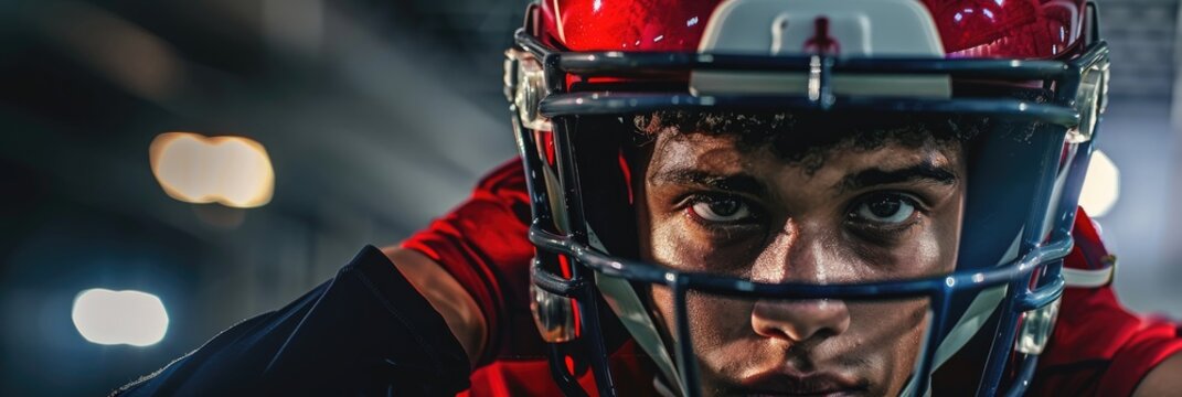 Football player fastening his helmet