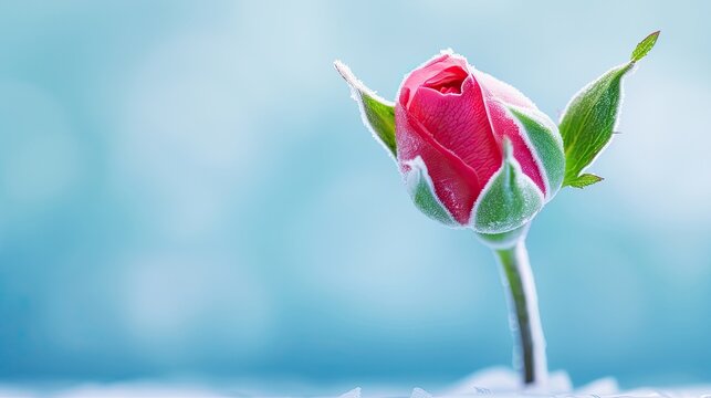 Close-up of a red rosebud with green leaves covered in frost, against a soft blue background. Symbolizes freshness and new beginnings.