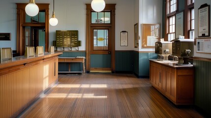 Fototapeta premium post office with wooden counters, brass mailboxes, and vintage postage scales