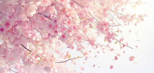 Beautiful pink cherry blossom branches in soft light, creating a serene and tranquil atmosphere in nature.