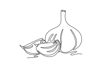 Single continuous line drawing whole healthy organic garlic for plantation logo identity. Fresh cuisine seasoning concept for vegetable icon. Dynamic one line draw graphic design vector illustration