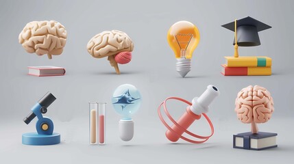 Set of 3d science icon, science and technology of astronomy, physics, chemistry, biology, concept, Generative AI illustrations. 