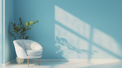 arafed white chair in a blue room with a plant in the corner