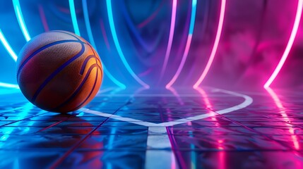 Basketball ball with glowing lines on colorful blue and pink neon light background