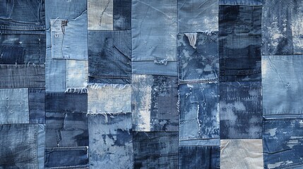 A patchwork of blue denim fabric, featuring various shades and textures.