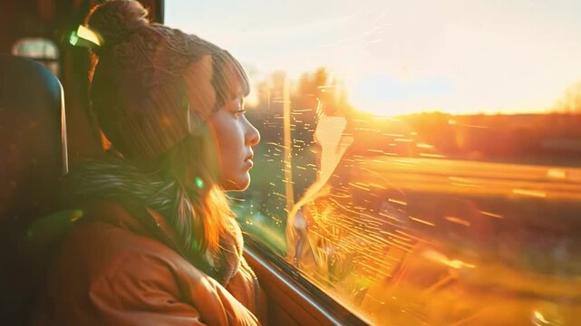 Traveler looking out the window of a train, with clear copy space for inspirational quotes.