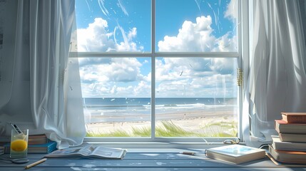 A study with a view, in front of the desk is a big window, outside the window is the beach, the sea, the blue sky and white clouds, Generative AI illustrations. 