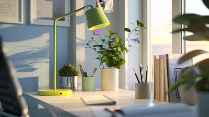 A green stand lamp with a long, rounded rectangular base, topped by a circular object, placed on a white desk, Generative AI illustrations. 
