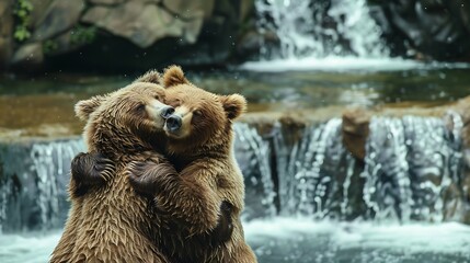 Bears in love hugs in vintage waterfall background